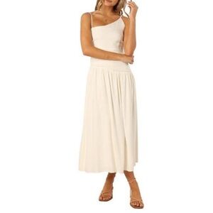 Elegant One-Shoulder Cream Midi Dress